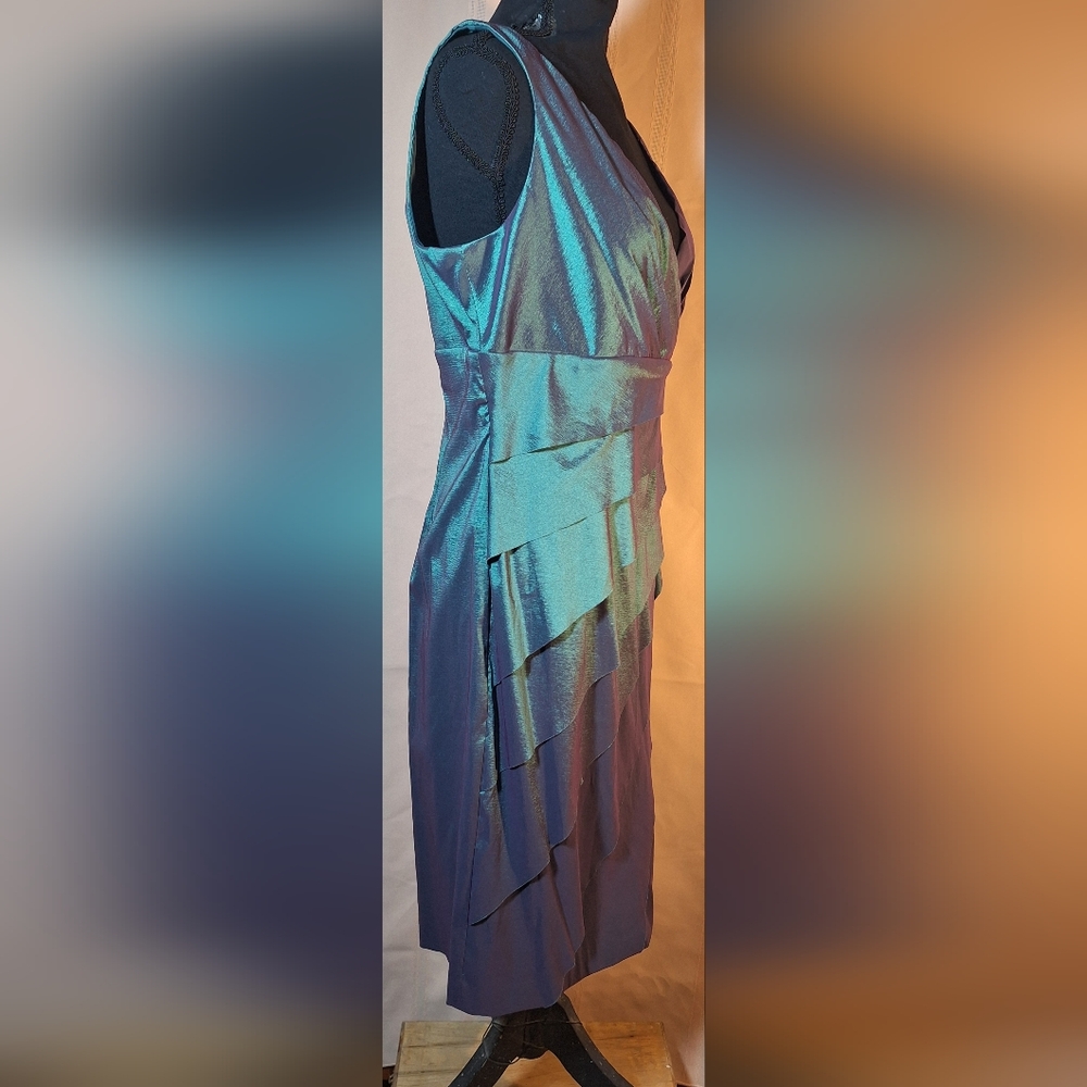 LONDON STYLE Asymmetrical Dress in Shimmering Color Changing Green and Purple - Picture 2 of 7
